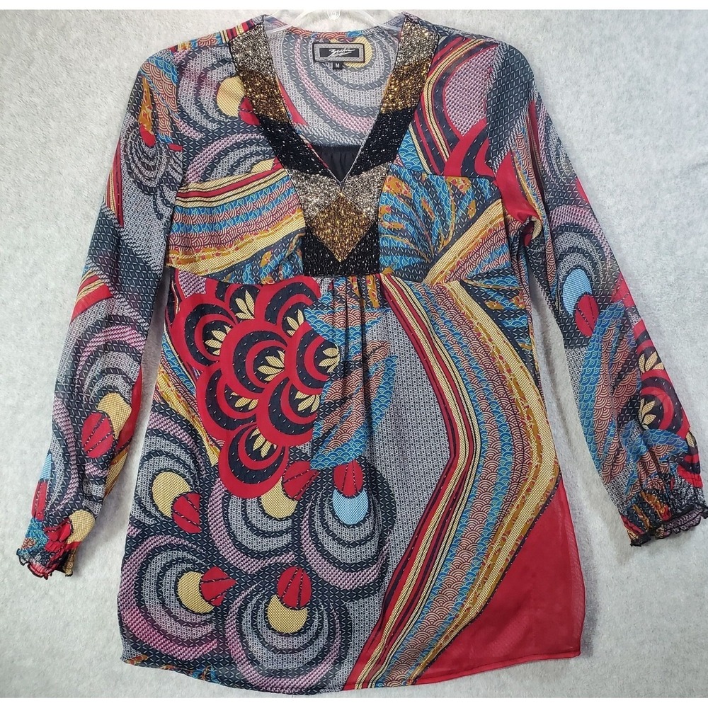 Zashi Womens Embellished Tunic Top Medium M Multi-Color Beaded Blouse Boho Indie